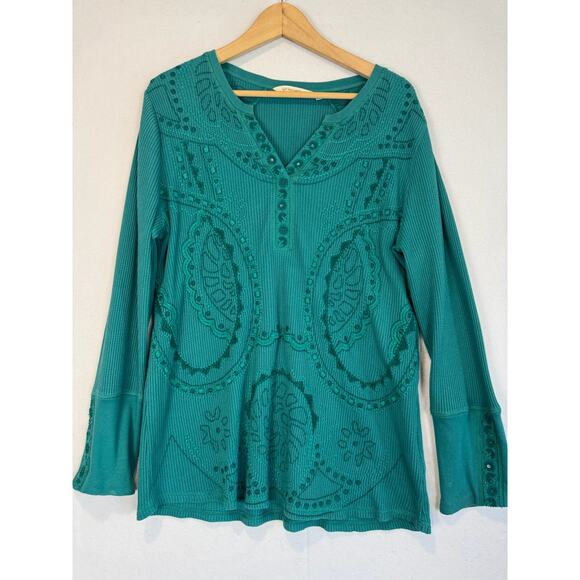 Soft Surroundings Thermal Shirt Top Embroidered Size Large Turquoise Long Sleeve - Picture 1 of 4
